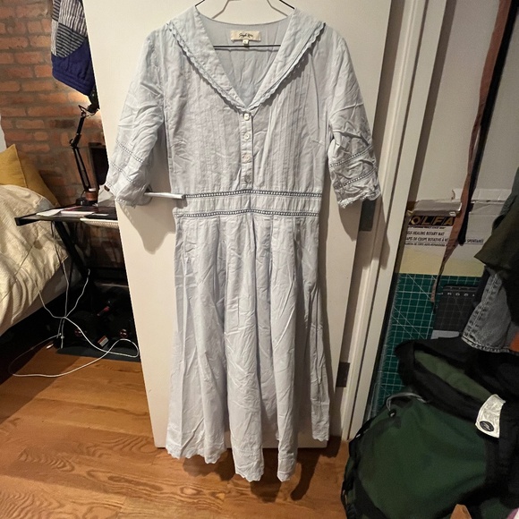 Simple Retro 100% Cotton light blue lined dress XL size 12 shell buttons - Picture 1 of 15